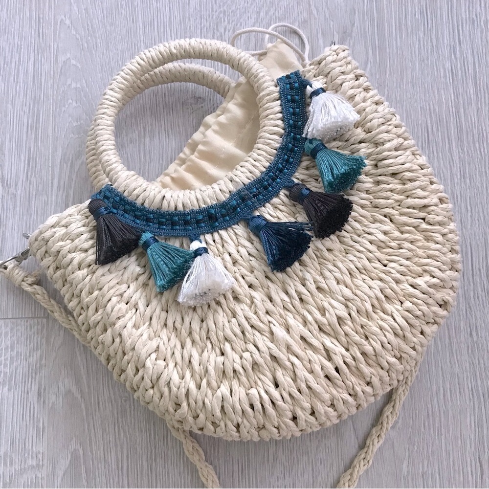 Mini Woven Crossbody Straw Bag with Tassel Detailing